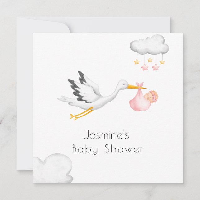 Invitation Baby shower rose cigogne minime (Devant)