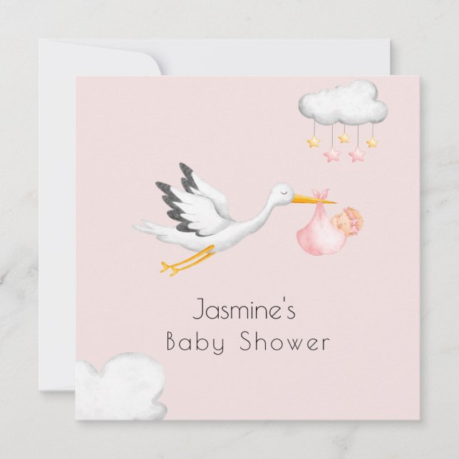Invitation Baby shower rose cigogne minime (Devant)