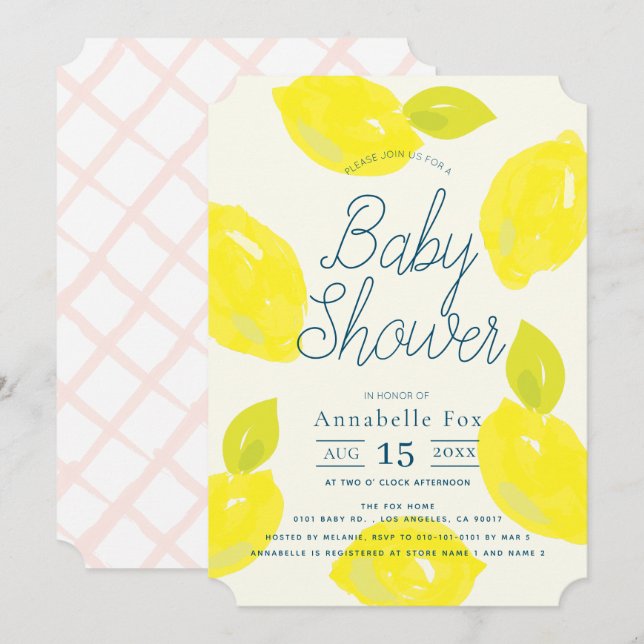 Invitation Baby shower rose citron peint à la main (Devant / Derrière)