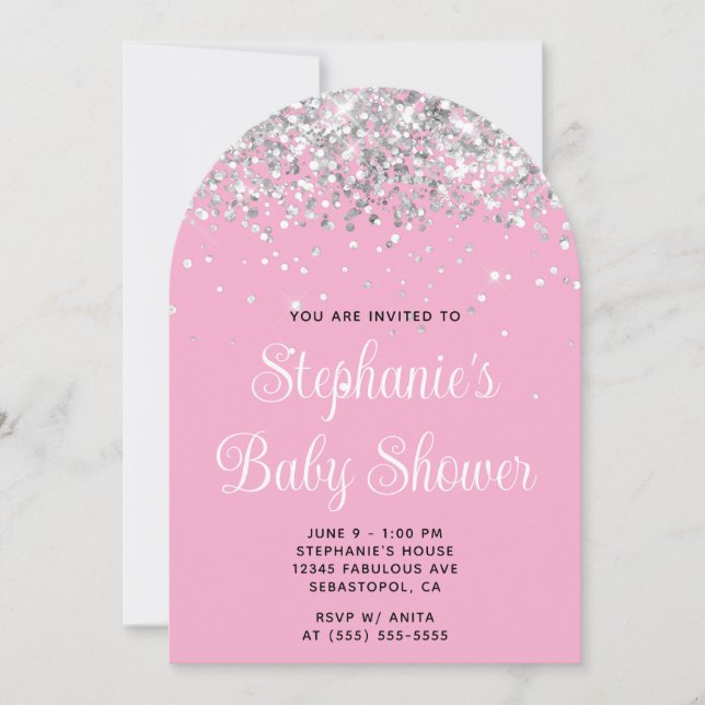 Invitation Baby shower rose clair Parties scintillant argent (Devant)