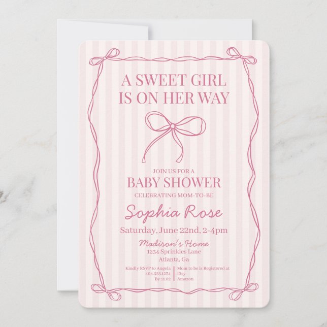 Invitation Baby shower rose Coquette Bow Pastel (Devant)