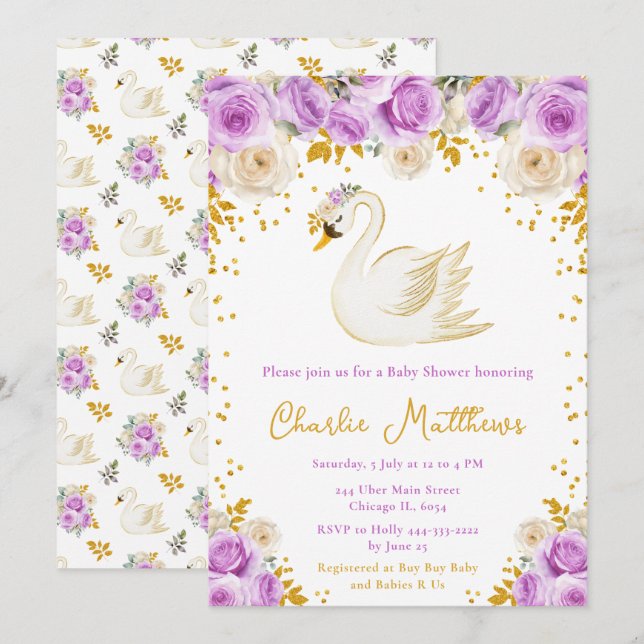 Invitation Baby shower Rose cygne violet et or (Devant / Derrière)