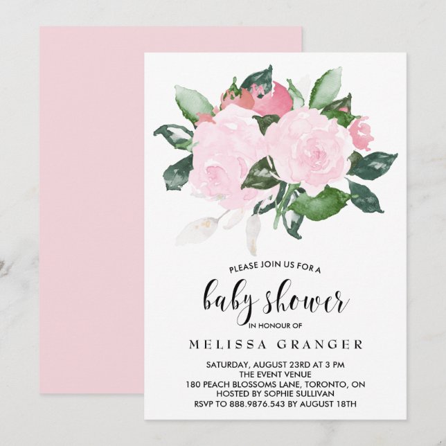Invitation Baby shower Rose d'aquarelle rose doux (Devant / Derrière)