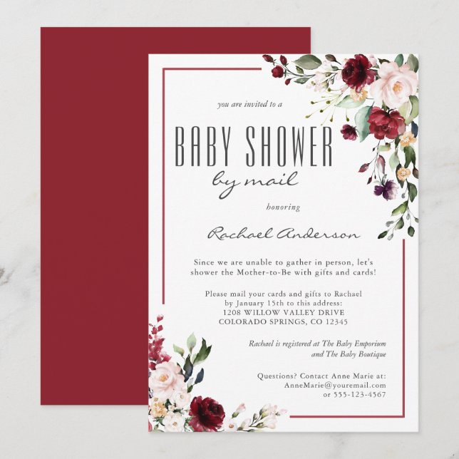 Invitation Baby shower Rose de Bourgogne par courrier (Devant / Derrière)