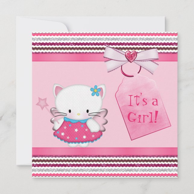Invitation Baby shower rose de chatte fée (Devant)