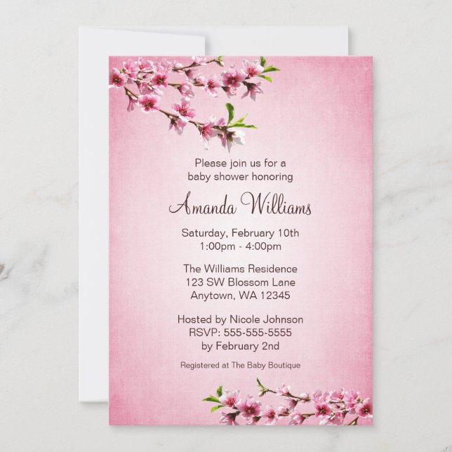 Invitation Baby shower rose de cru de fleurs de cerisier (Devant)