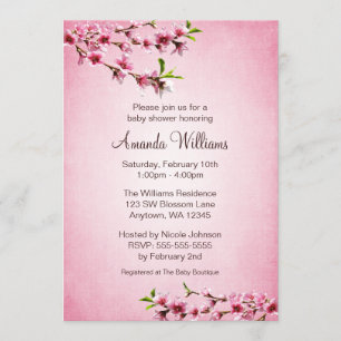Invitation Baby shower rose de cru de fleurs de cerisier
