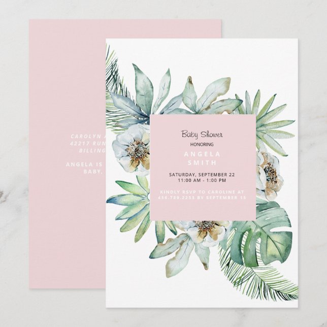 Invitation Baby shower rose de feuillage tropical (Devant / Derrière)