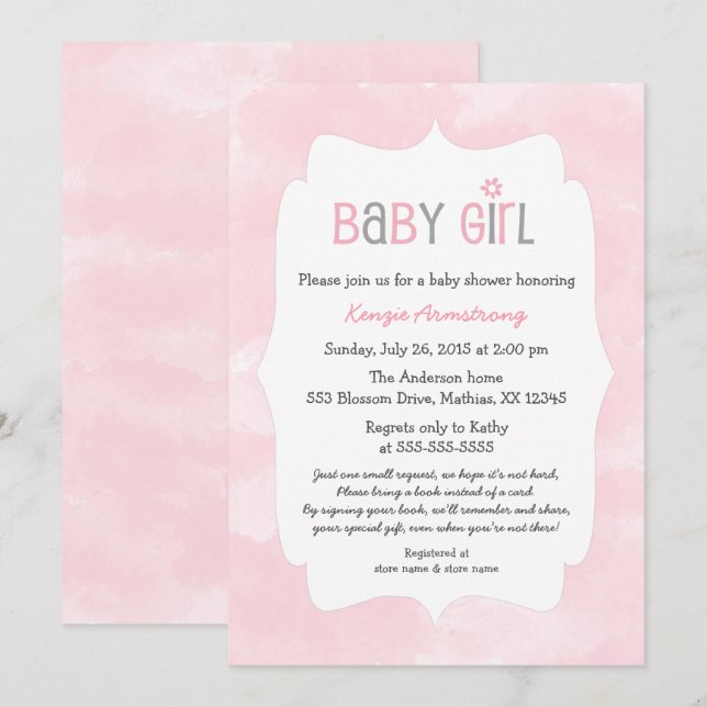 Invitation Baby shower rose de fille d'aquarelle + apportez (Devant / Derrière)
