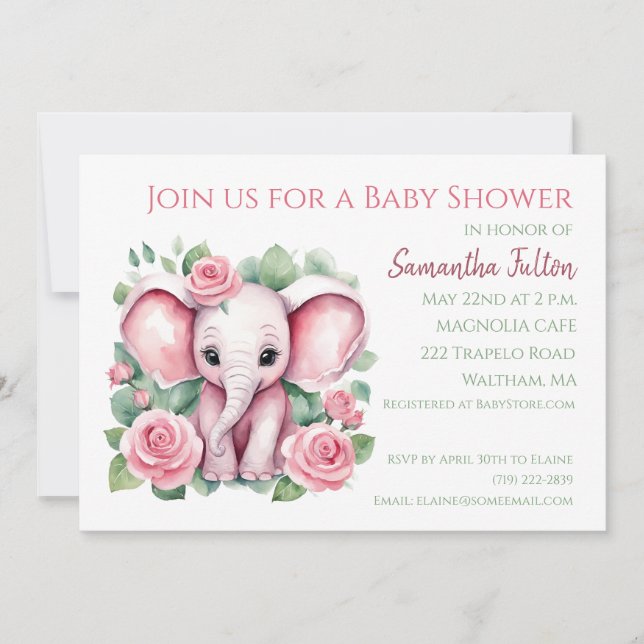 Invitation Baby shower Rose de fille rose éléphant (Devant)