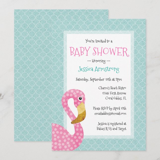 Invitation Baby shower rose de Flamant rose (Devant / Derrière)