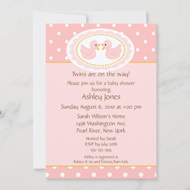 Invitation Baby shower rose de jumeaux de canards (Devant)
