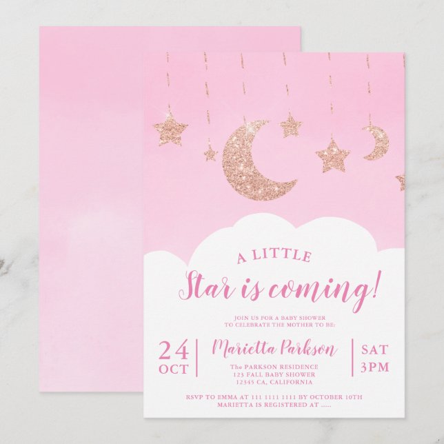 Invitation baby shower rose de l'étoile de parties scintillan (Devant / Derrière)