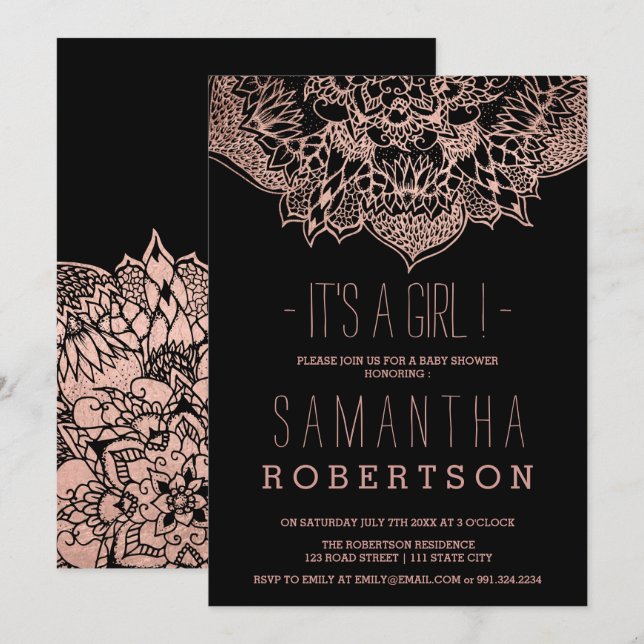 Invitation baby shower Rose de mandala floral boho en or (Devant / Derrière)