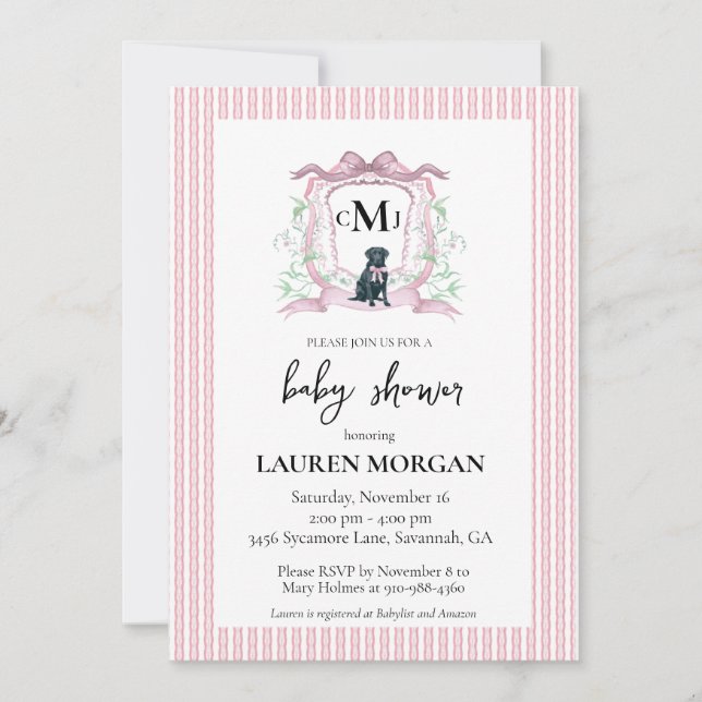 Invitation Baby shower rose de monogramme noir du Labrador (Devant)