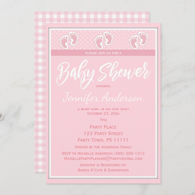 Invitation Baby shower rose d'empreinte de pas de fille (Devant / Derrière)