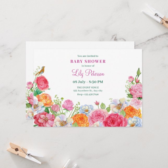Invitation Baby shower Rose des fleurs d'art (Devant/Arrière en situation)