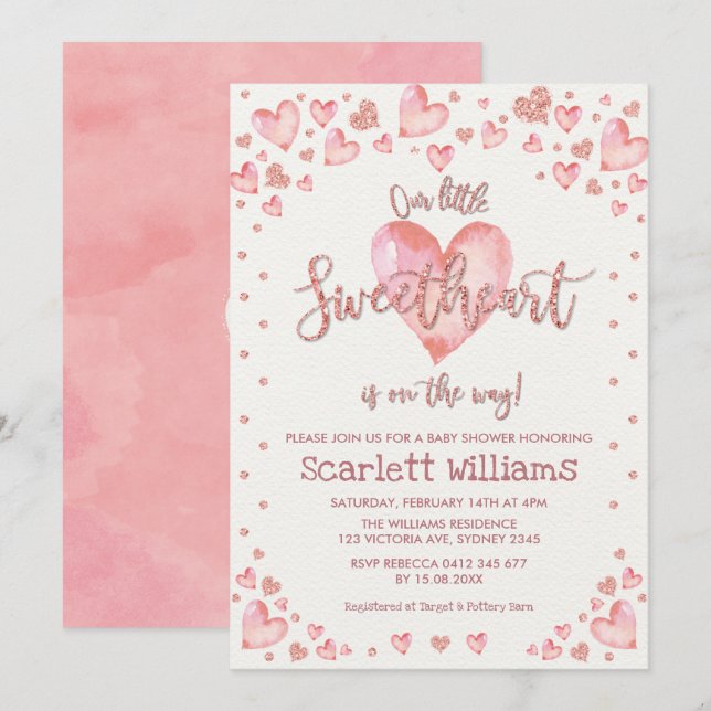 Invitation Baby shower Rose  des Valentines d'or pour filles (Devant / Derrière)