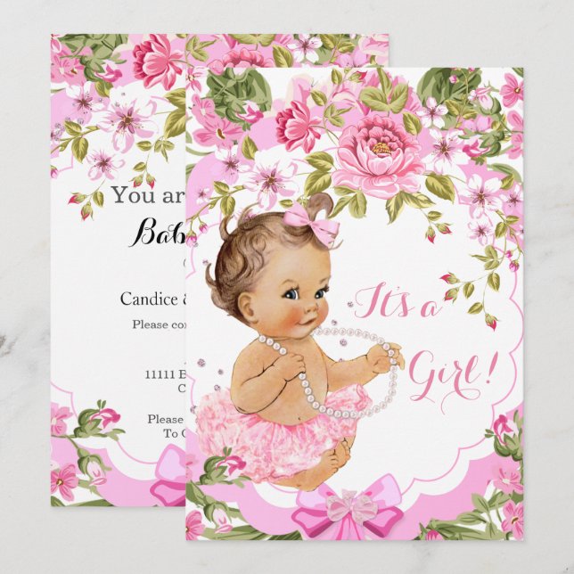 Invitation Baby shower rose doux fille Brunette Tutu (Devant / Derrière)