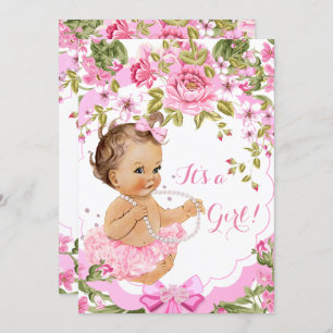 Invitation Baby shower rose doux fille Brunette Tutu