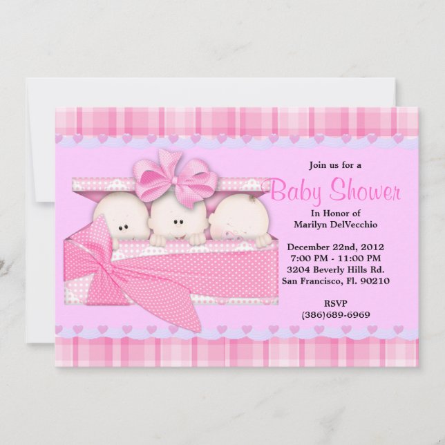 Invitation Baby shower ROSE doux MIGNON de triplets (Devant)