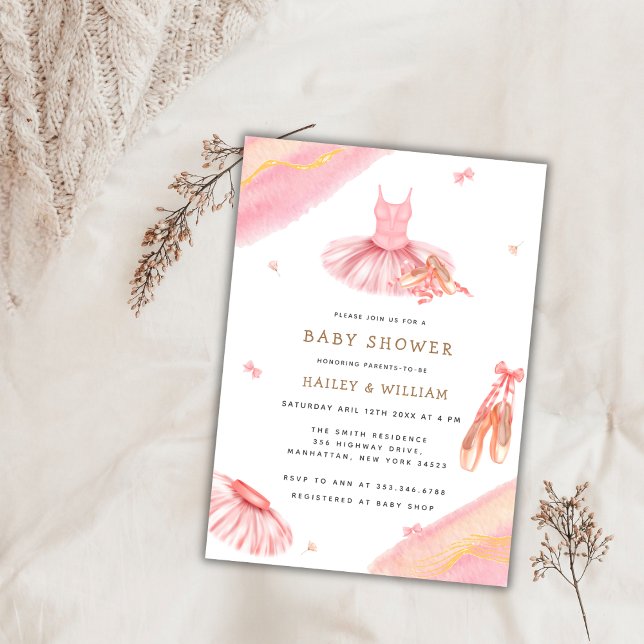 Invitation Baby shower rose Elegant Aquarelle Ballerina (Pink Elegant Watercolor Ballerina Baby Shower Invitation)