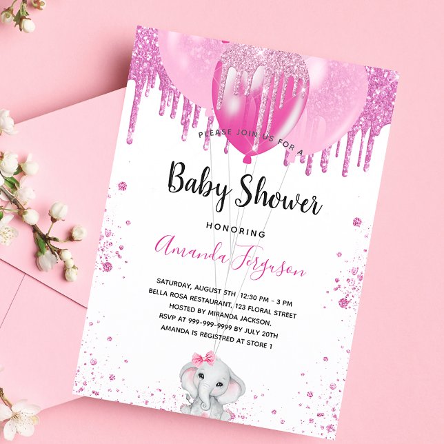 Invitation Baby shower rose éléphant fille ballons blancs (Créateur téléchargé)