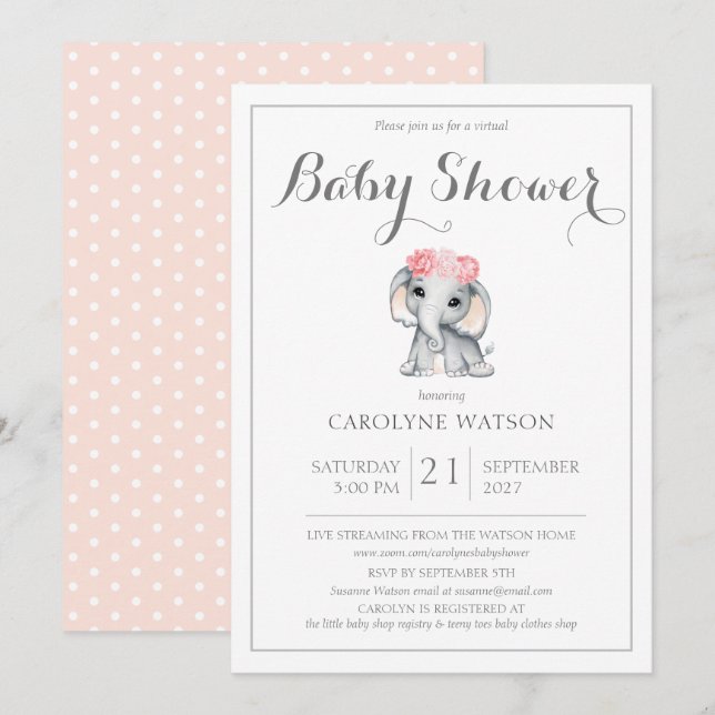 Invitation Baby shower rose éléphant virtuel (Devant / Derrière)
