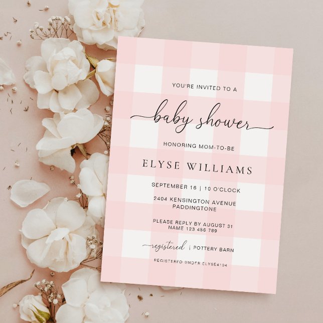 Invitation Baby shower rose En vichy (Baby Shower Invitation Pink Gingham )