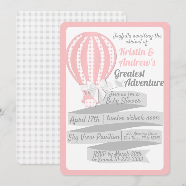 Invitation baby shower rose En vichy ballon à air chaud (Devant / Derrière)