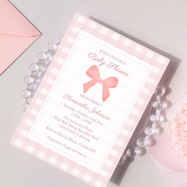 Invitation Baby shower rose En vichy Bow rose (Créateur téléchargé)