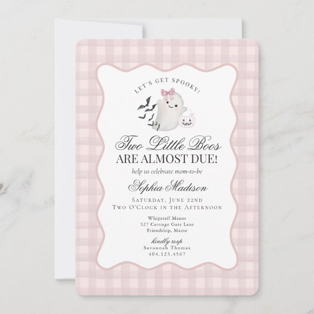 Invitation Baby shower rose En vichy Preppy Ghost Twins (Devant)