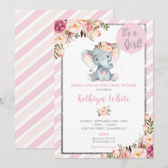 Invitation Baby shower rose et argent éléphant (Devant / Derrière)