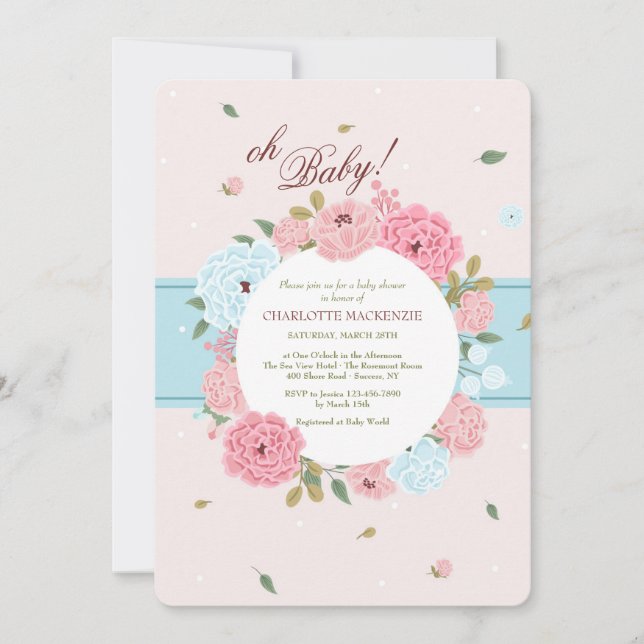 Invitation Baby shower rose et bleu (Devant)