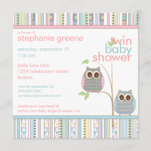 Invitation Baby shower rose et bleu jumeau de hibou de bébé