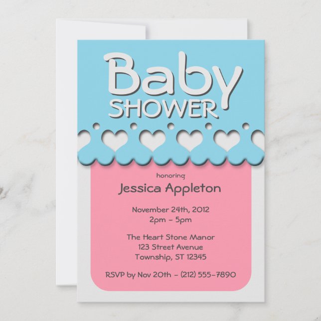 Invitation Baby shower rose et bleu Motif à ruban cardiaque (Devant)