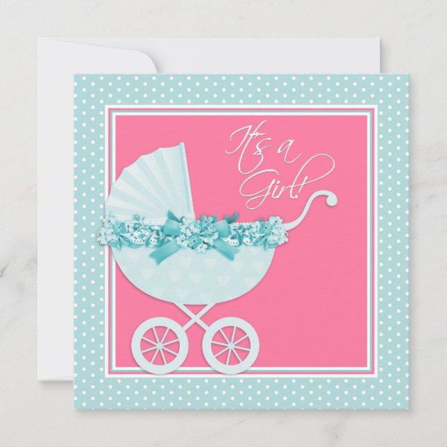 Invitation Baby shower rose et bleu Turquoise (Devant)