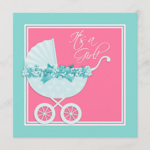 Invitation Baby shower rose et bleu Turquoise Pram