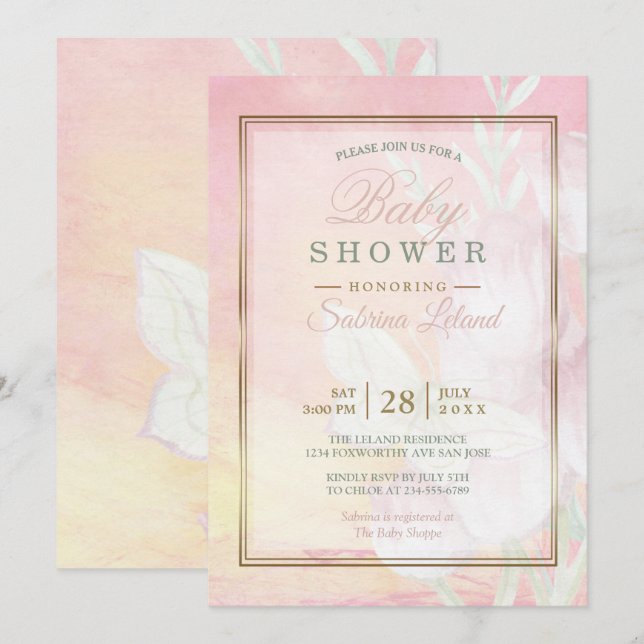 Invitation Baby shower Rose et corail aquarelle papillon (Devant / Derrière)