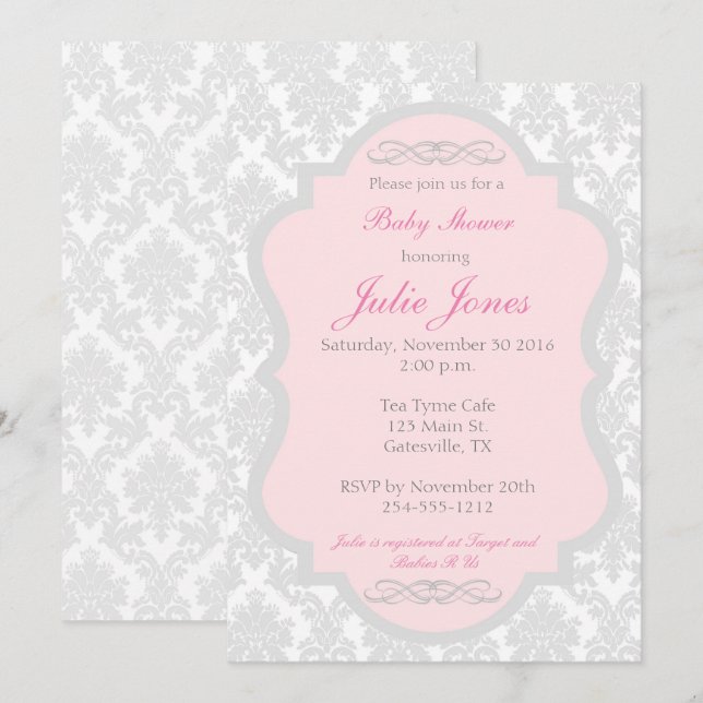 Invitation Baby shower rose et gris Damas (Devant / Derrière)