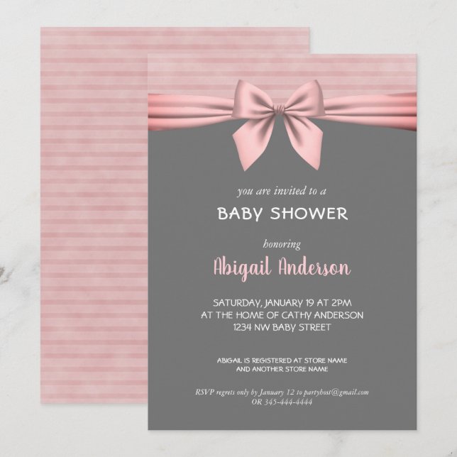Invitation Baby shower rose et gris de cou (Devant / Derrière)