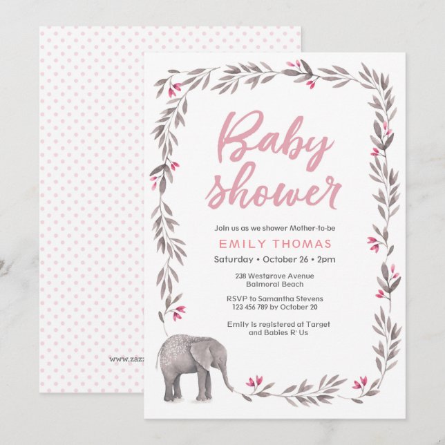 Invitation Baby shower rose et gris éléphant (Devant / Derrière)