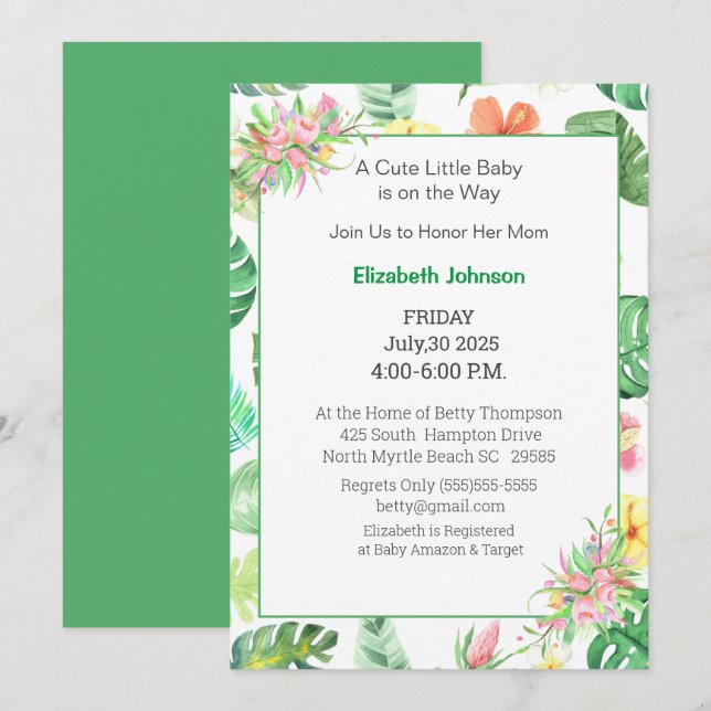 Invitation Baby shower rose et vert fleuri (Devant / Derrière)