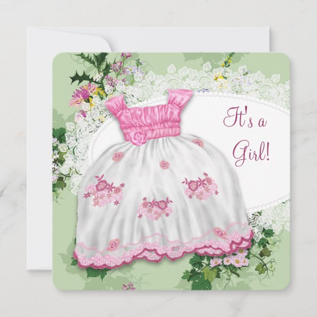 Invitation Baby shower rose et vert fleuri (Devant)