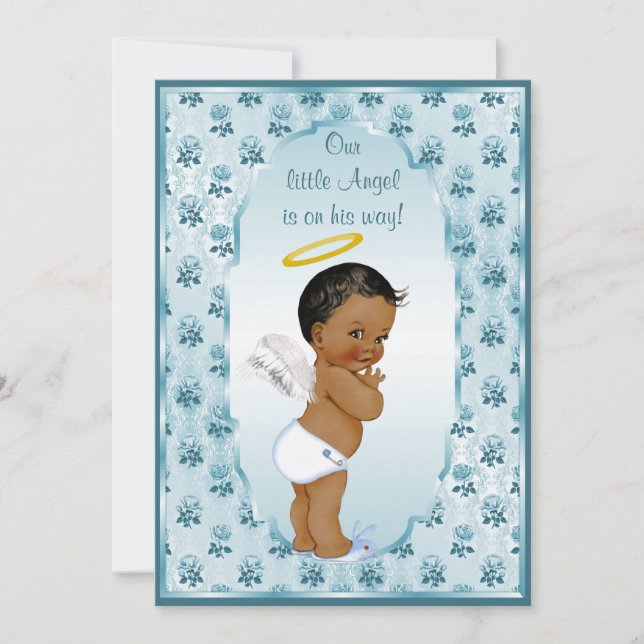 Invitation Baby shower Rose ethnique Little Boy Angel Blue (Devant)