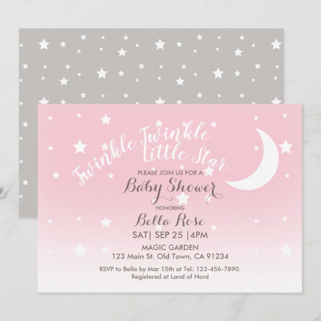 Invitation Baby shower rose étoile scintillant (Devant / Derrière)