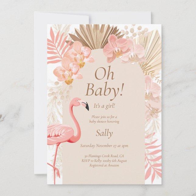 Invitation Baby shower rose flamand (Devant)