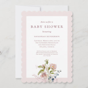 Invitation Baby shower rose Fleur sauvage classique aquarelle