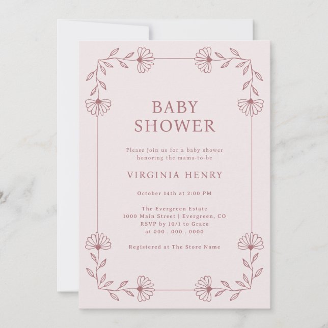 Invitation Baby shower rose floral (Devant)