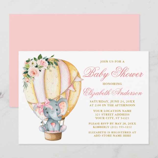 Invitation Baby shower rose floral à bulle d'éléphant de fond (Devant / Derrière)